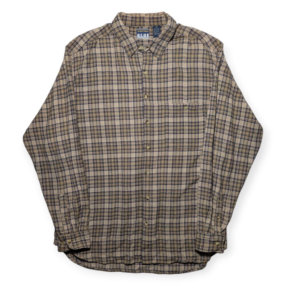 Santana‎ Blue Textured Plaid Shirt Men’s XLT Woven Cotton Button Up Nepal